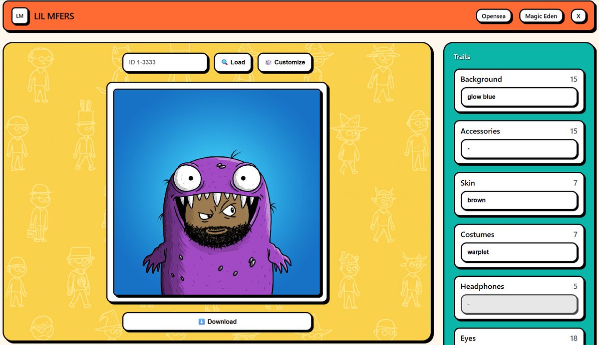 lilmfersnft's tweet photo. Lil Mfers Web + Traits Builder just dropped! π
Bonus: the new trending Warplet costume is now live and this is just the start, many fresh traits will be added for good vibes only.
Mix & match your favorite combos and show usπ
Lil Mfers are just getting started.
πLink is here:
https://t.co/uWNw7dvAsd
