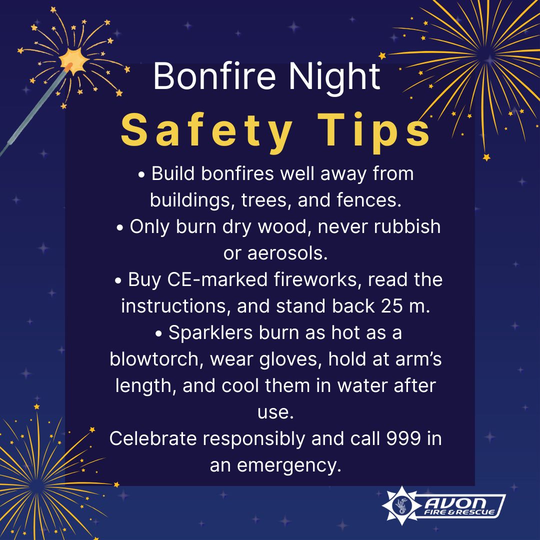 Stay Safe This Bonfire Season
As nights draw in and celebrations begin, share Avon Fire &amp; Rescue Service’s reminder to keep safety at the heart of Bonfire Night

If clothing catches fire, remember to STOP, DROP &amp; ROLL to put the flames out and call 999
buff.ly/g8TDSfS