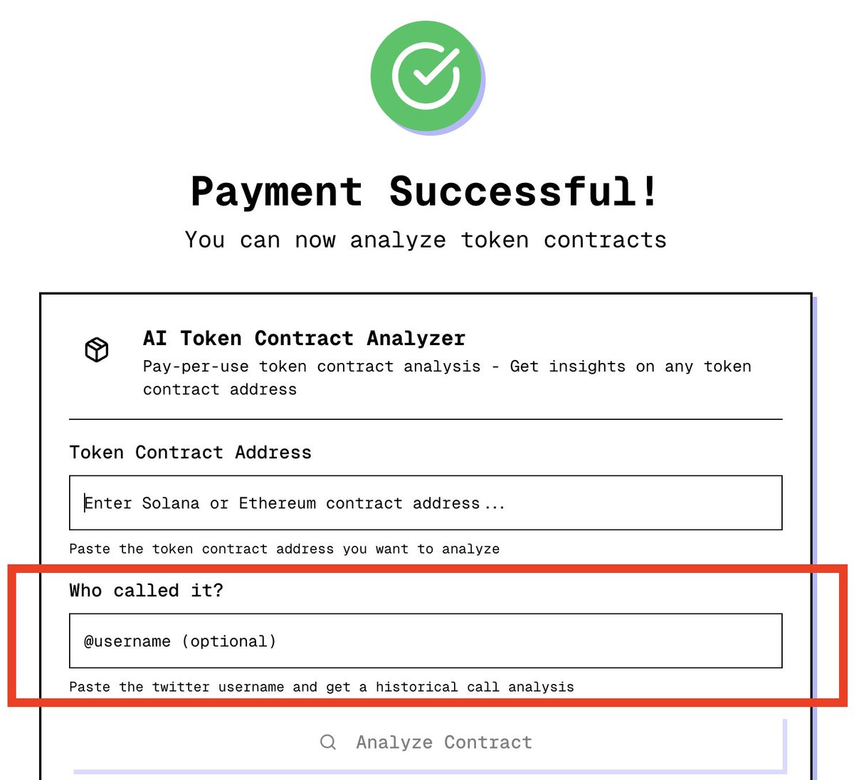 x402agent_shop's tweet photo. We’re adding a new capability to the current agent. Soon, you’ll be able to provide a Twitter username of an alpha caller — and the agent will analyze that caller’s historical win rate and performance.

This will allow the agent to go a level deeper when assessing whether an investment is worth following or not.