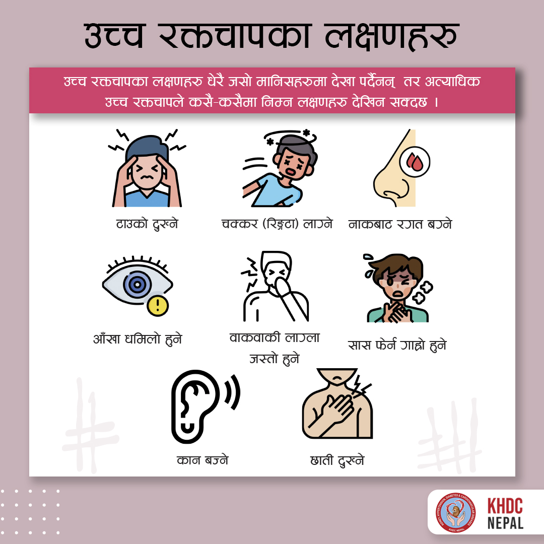 khdc_nepal's tweet photo. उच्च रक्तचाप प्रायः “साइलेंट किलर” हो 😶
 तर कसै कसैमा यी लक्षणहरू देखिन सक्छन्👇
⚠️ टाउको दुख्ने 
⚠️ चक्कर लाग्ने 
⚠️ आँखामा धमिलो हुने
⚠️ छाती दुख्ने
⚠️ सास फेर्न गाह्रो हुने
⚠️ कानमा आवाज आउने
🩺 नियमित रूपमा रगतचाप मापन गरौं, स्वास्थ्य सुरक्षित राखौं!
#Hypertension #NCDNepal https://t.co/cKNtFi3hQt