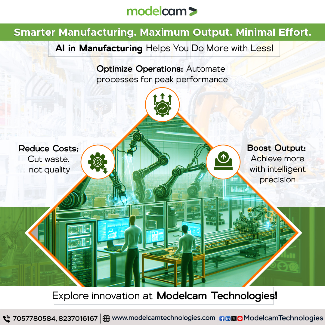 Modelcam's tweet image. AI in manufacturing helps you do more with less! ⚙️
Boost output, cut costs &amp;amp; optimize operations with intelligent automation.

Be future-ready with #ModelcamTechnologies.

🔗 Learn more: tinyurl.com/2s4sajbs

#AIinManufacturing #SmartFactory #EfficiencyMatters