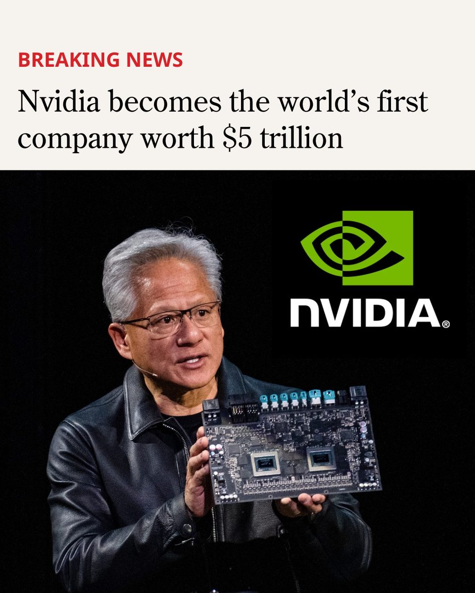MoneyWeek's tweet image. BREAKING: @nvidia has made #stockmarket history by becoming the first company in the world to achieve a $5trn market cap.

📸 Nvidia, Kent Nishimura/Bloomberg via Getty

#bigtech #magnificentseven #stocks #shares #jensenhuang #investment #invest #investing #news #nvidia
