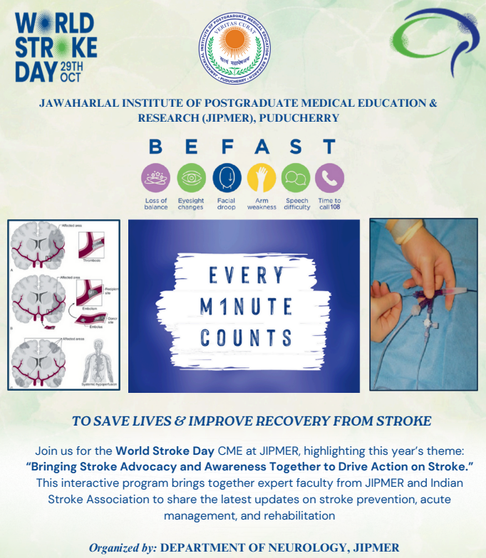 OfficialJipmer's tweet image. 🧠 #WorldStrokeDay2025 observed at #JIPMER –Theme: “Act Fast: Every Minute Counts.”
CME, patient awareness sessions &amp;amp; launch of JIPMER Stroke Guidelines highlighted prevention &amp;amp; rapid treatment of stroke.
Early action saves lives!
#ActFAST #StrokeAwareness #Healthcare #Neurology
