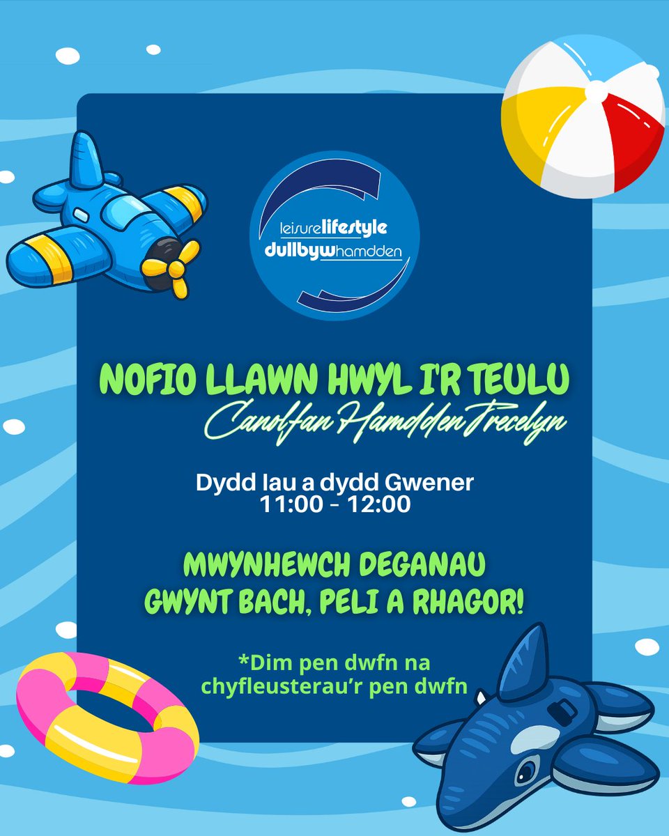 Leisurelifestyle (@leisure_ccbc) on Twitter photo 🏊Gwnewch sblash yn ein sesiynau nofio llawn hwyl i'r teulu yng Nghanolfan Hamdden Trecelyn!
⏰Dydd Iau a dydd Gwener 11:00-12:00
💦Mwynhewch deganau gwynt bach, peli a llawer o hwyl yn y pwll.
ℹ️Noder, ni fydd y pen dwfn na nodweddion y pwll ar gael yn y sesiwn hon. 🏊Gwnewch sblash yn ein sesiynau nofio llawn hwyl i'r teulu yng Nghanolfan Hamdden Trecelyn!
⏰Dydd Iau a dydd Gwener 11:00-12:00
💦Mwynhewch deganau gwynt bach, peli a llawer o hwyl yn y pwll.
ℹ️Noder, ni fydd y pen dwfn na nodweddion y pwll ar gael yn y sesiwn hon.