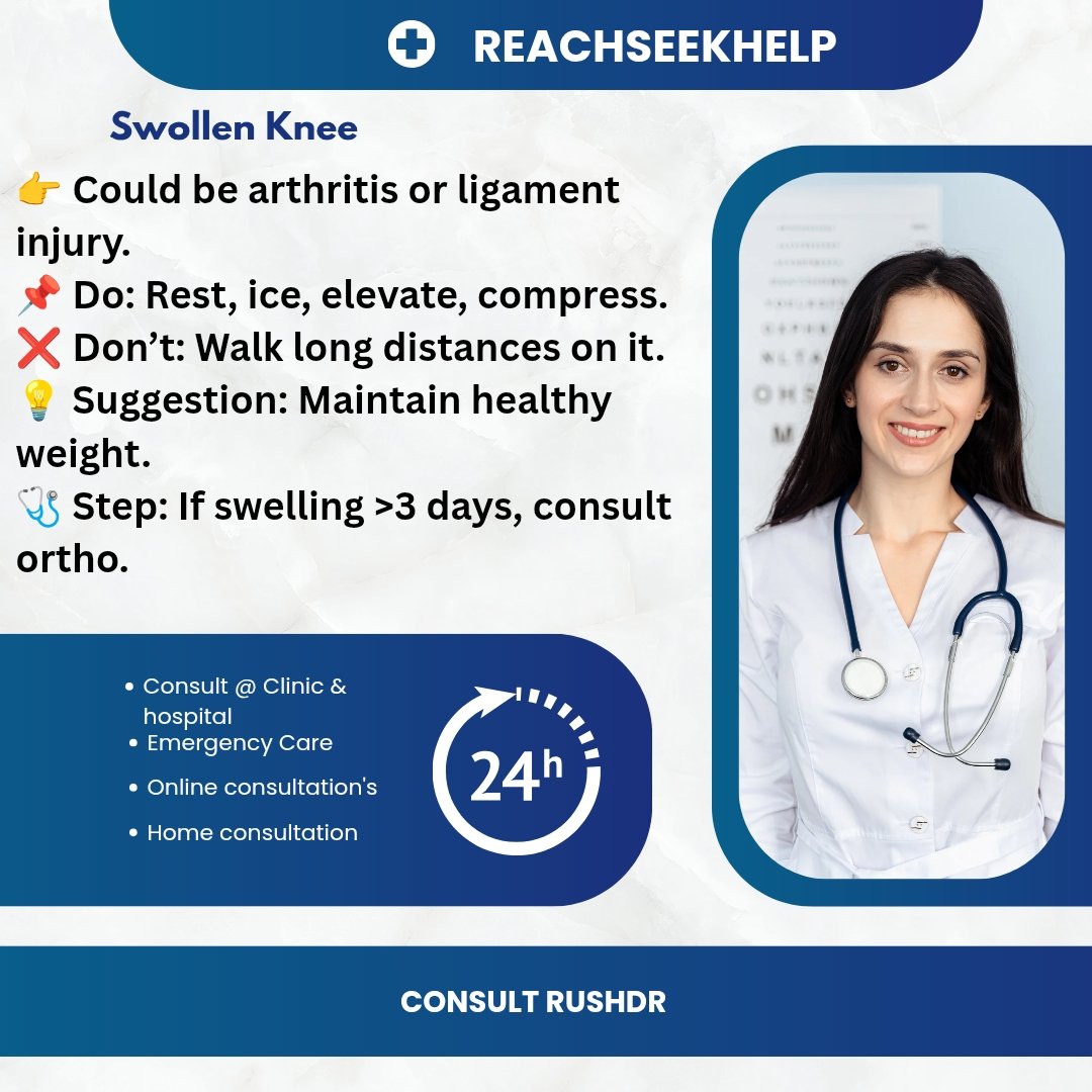 ReachSeekHelp's tweet image. Swollen knee after injury or overuse? Don’t ignore the pain — get it checked early.
Consult orthopedic experts on @rushdr @reachseekhelp
👉 Download RUSHDR: play.google.com/store/apps/det…
#SwollenKnee #KneePain #JointCare #OrthopedicCare #ConsultOnline @RUSHDR @ReachSeekHelp