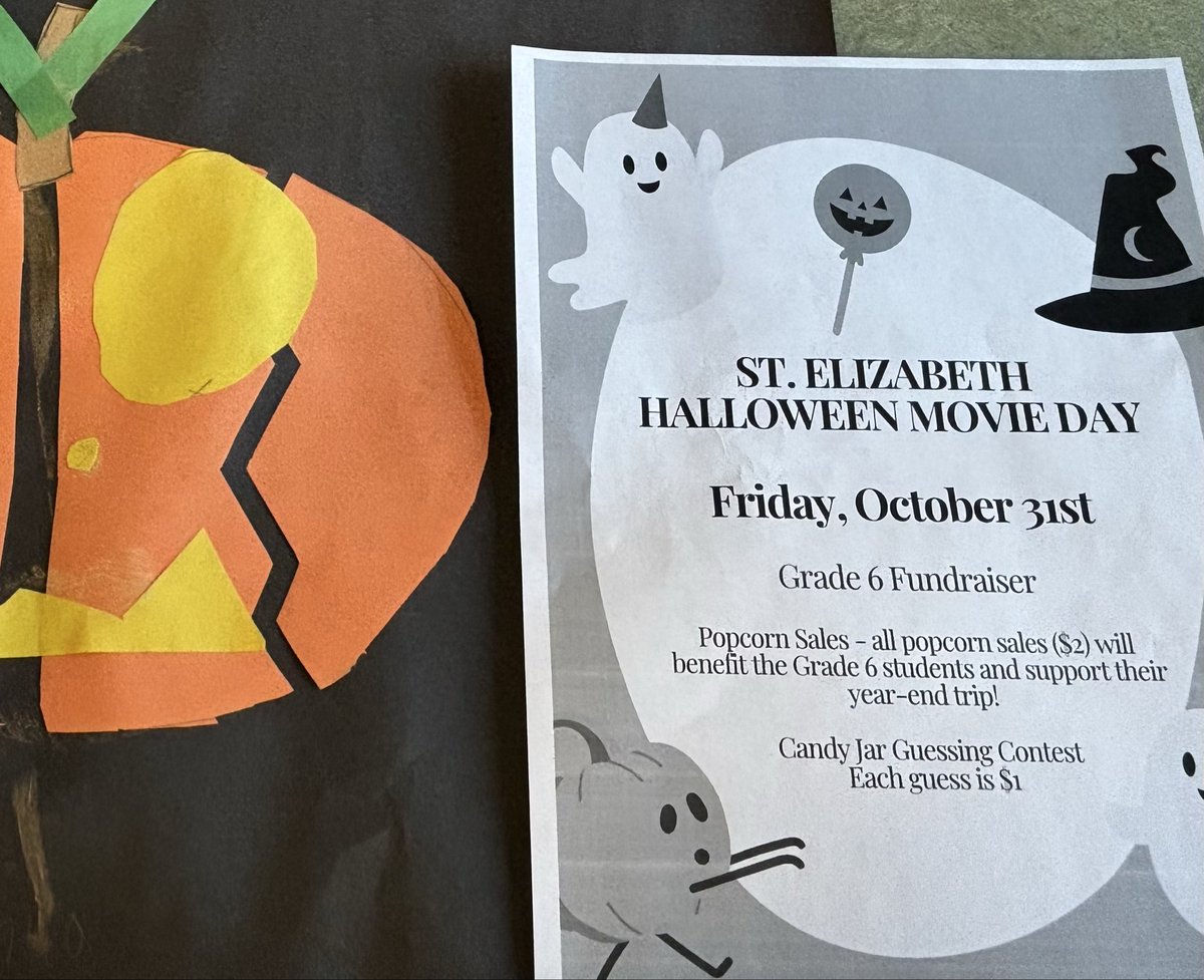 This Friday is Costume Day! We will be having a movie fundraiser for our grade 6s! Bring in your toonies and loonies Eagles! Candy jar guess as well!! Winner takes the loot home! Let’s support our grade 6s!!! <a href="/StElizabethOCSB/">St. Elizabeth School</a> 🎃 🍬 🍭 🍿 🎥