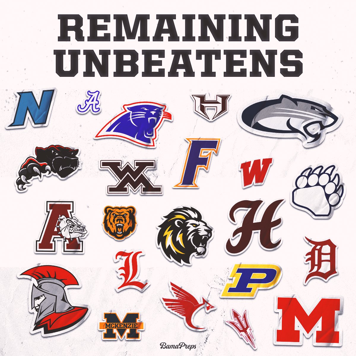 Perfection. 

Here's the remaining undefeated teams in the AHSAA!

6A: 
Clay-Chalkville
Saraland
Muscle Shoals
5A:
Williamson
Northside
Fairview
4A:
St. Michael
Hamilton
Deshler
West Morgan
Plainview
Anniston
3A:
Southside Selma
Piedmont
Mars Hill
2A:
Luverne
1A:
Leroy
McKenzie