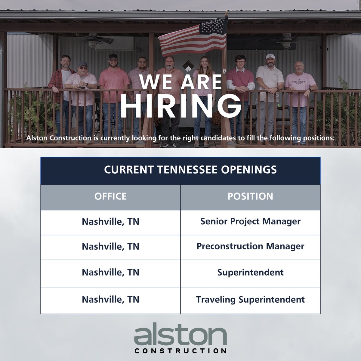 alstonconstruct's tweet image. Interested in joining Team Alston? We’re #hiring for multiple roles in Nashville, Tennessee! To apply or view all of our open opportunities, please visit: &amp;gt;&amp;gt; alstonco.com/careers/career… #BuildTN #Careers #NashvilleJobs