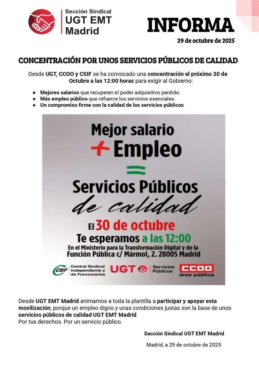 📢 30OCT 12h | CONCENTRACIÓN POR UNOS SERVICIOS PÚBLICOS DE CALIDAD. Más salario, más empleo, más servicio público 💪 #UGTEMTMadrid