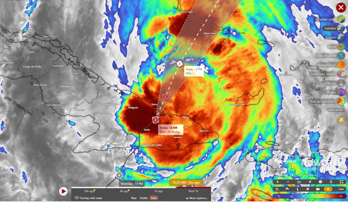 Esta imagen muestra una vista satelital en modo infrarrojo del #Huracán Melissa justo después de salir del territorio cubano. El ojo del huracán —claramente visible al norte de la provincia de Holguín— ya se encuentra sobre el mar, camino hacia las Bahamas. Sin embargo, su