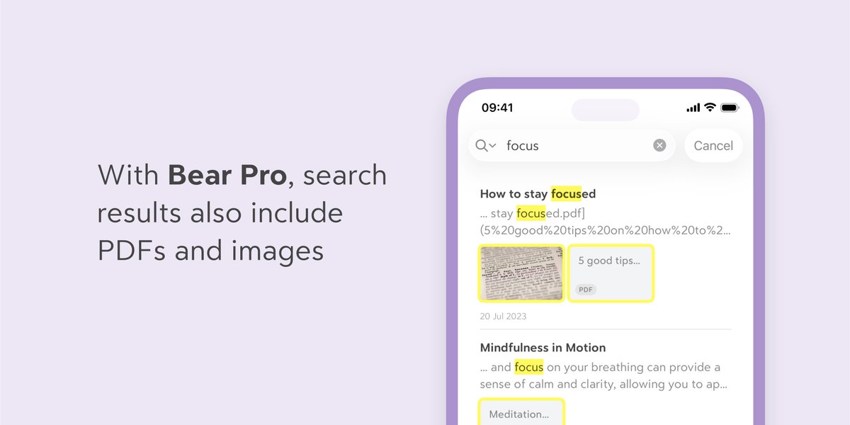 BearNotesApp's tweet image. Can’t remember if it was in a note, a PDF, or a screenshot?
Doesn’t matter, Bear can find it. 🔍

💡 With Bear Pro, you can search text inside PDFs and images.