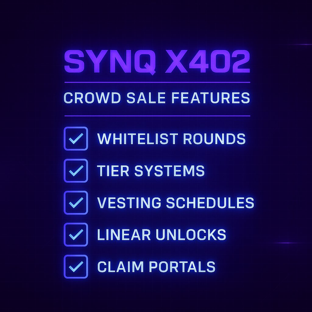 Crowd sales on SYNQ X402 come with:

✔ Whitelist rounds
✔ Tier systems
✔ Vesting schedules
✔ Linear unlocks
✔ Claim portals

All fully automated.
No spreadsheets. No manual payouts.
synq.observer

#x402 #SOL #BNB #Ethereum