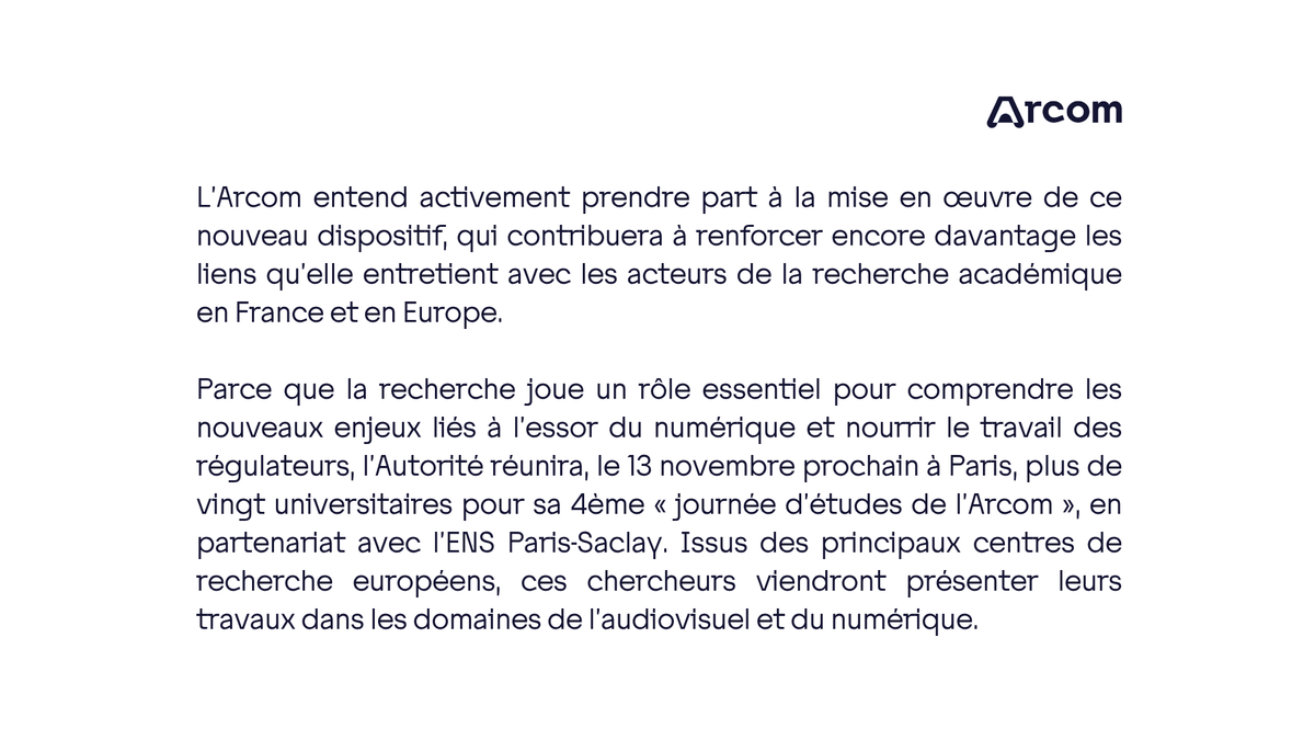 🔈 #InternetPlusSûr | L’Arcom salue l’entrée en vigueur du dispositif relatif à l’accès des chercheurs aux données des très grandes plateformes et contribuera activement à sa mise en œuvre 🔽