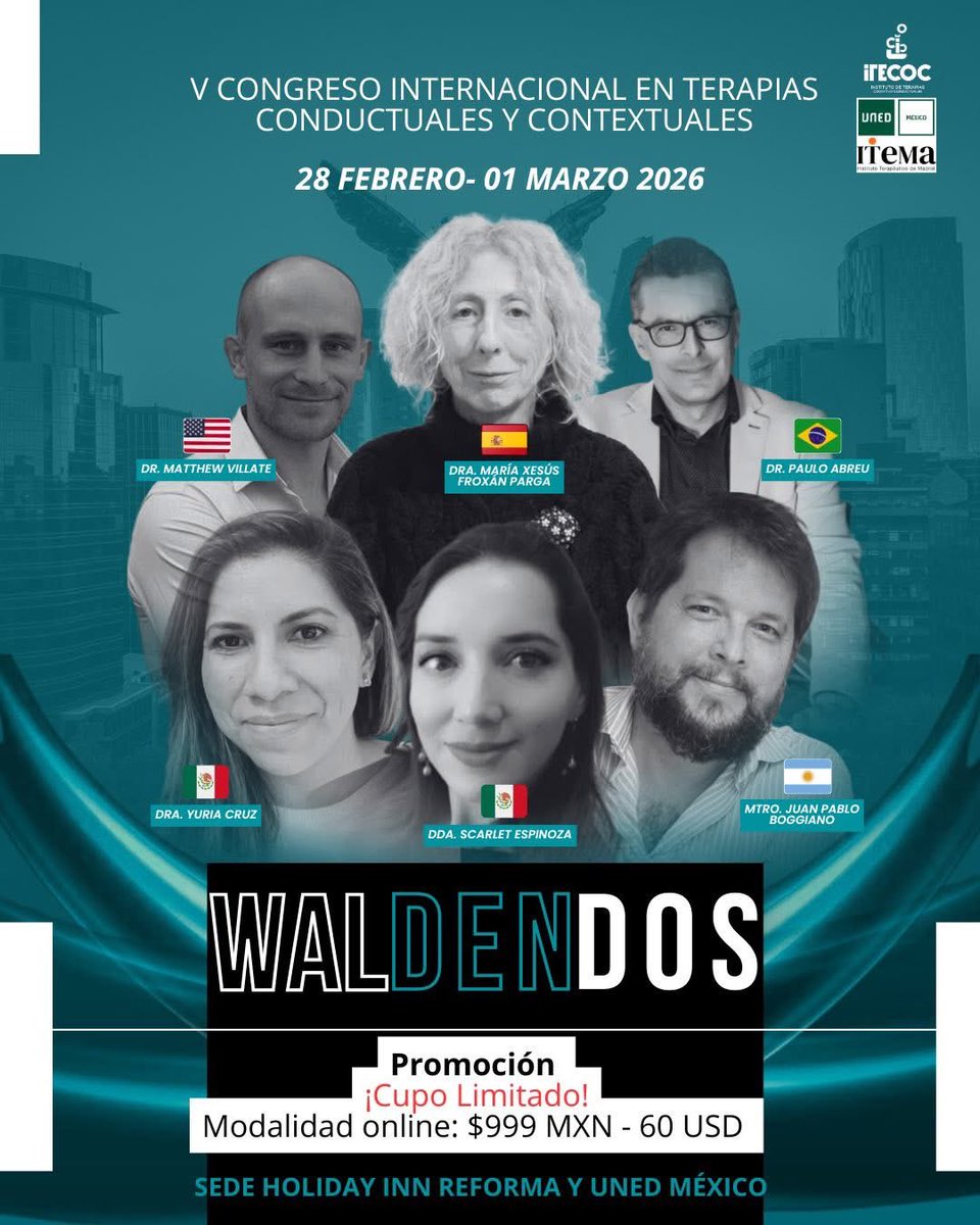 ¡𝐏𝐫𝐨𝐦𝐨𝐜𝐢𝐨́𝐧 𝐑𝐞𝐥𝐚́𝐦𝐩𝐚𝐠𝐨! -Tenemos 20 lugares en modalidad online! 

📱 Inscríbete aquí: wa.link/edfps9

#WaldenDosExperience #NosUneLaEvidencia #ViveWaldenDos #ITECOC #PsicologíaConPropósito #TerapiasContextuales #PsicologíaBasadaEnEvidenciatou