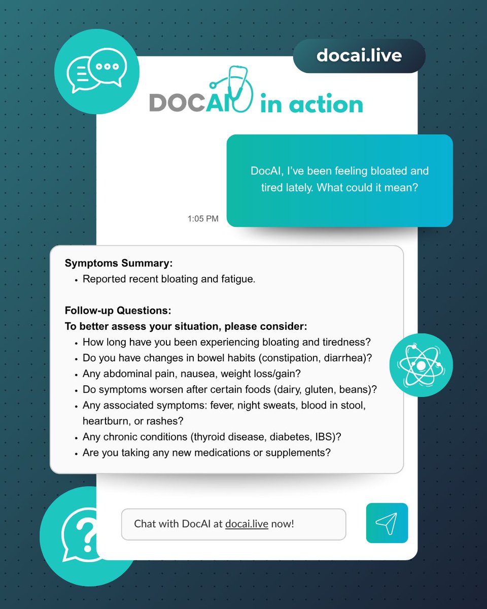 DocAI_global's tweet image. Bloating and fatigue? It’s time to get answers. DocAI helps you connect the dots.

#GutHealth #DocAI