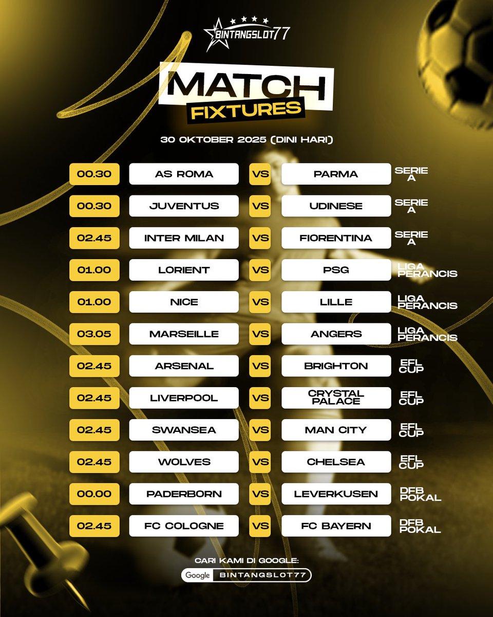 bintangsI0t77's tweet photo. ⚽ Matchday 30 Okt 2025 (Dini Hari)
🔥 Big Match Alert!
AS Roma 🆚 Parma
Inter 🆚 Fiorentina
Liverpool 🆚 Crystal Palace
Wolves 🆚 Chelsea
Siapa jagoan lo malam ini? 🌟
#BINTANGSLOT77 #Matchday #JadwalBola #FootballNight #SerieA #EFL #LigaPrancis #DFBPokal #SepakBola https://t.co/mqgw3QQPTC