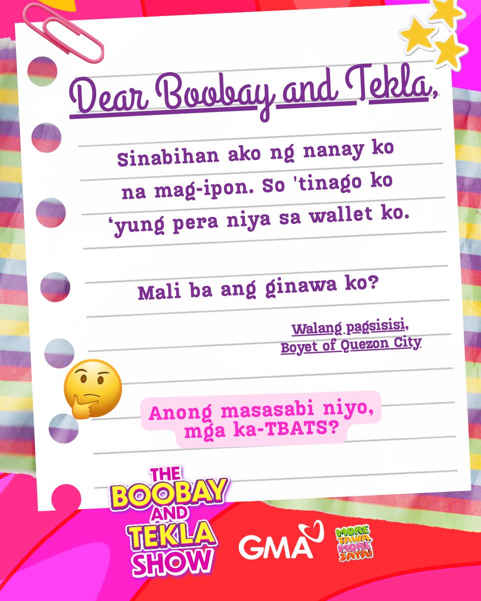 gtvphilippines's tweet image. BASAHIN: Isang kwento ng pagkupit ang entry sa #DearBoobayAndTekla ngayong Wednesday! 😱

Kayo na ang humusga, mga ka-#TBATS! I-comment mo na ang opinyon mo! ⬇️