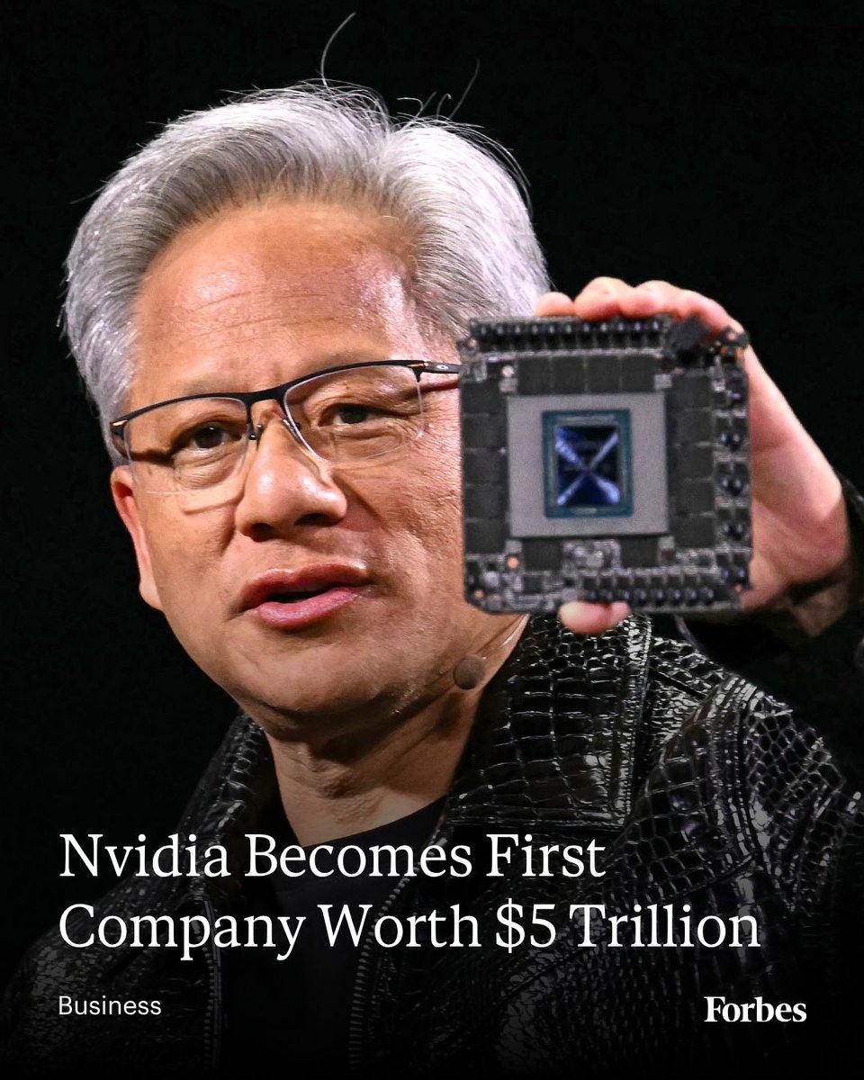 Forbes's tweet image. An uptick pushed Nvidia’s market capitalization from about $4.89 trillion to $5.06 trillion, becoming the first publicly traded firm ever to surpass a $5 trillion valuation. 

Read more: forbes.com/sites/tylerrou… 
📸: Patrick T. Fallon/AFP via Getty Images