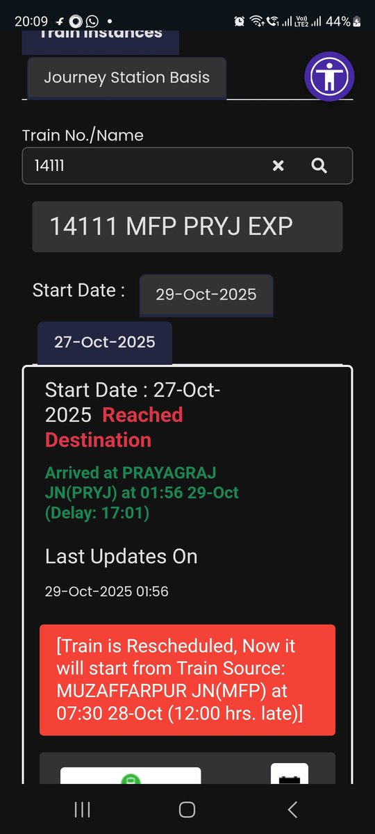 kforkartikey's tweet photo. Train no. 14111 is running late from its originating station itself. This train runs on Monday and Wednesday and I can see train which started on 27th Oct 25 was delayed by 17hrs which is really bad, not sure when ill be able to board this train today?
@RailwaySeva
@RailMinIndia https://t.co/UA06zrNGjm