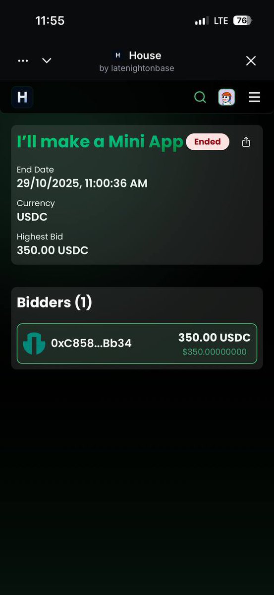 First official House auction has been completed 

Congratulations to <a href="/geaux_eth/">GEAUX.eth ✝️📺🟩</a> for his winning bid of 350.00

And <a href="/degeneer03/">Degeneer</a> for auctioning his services 

Both parties have contacted each other and funds automatically delivered