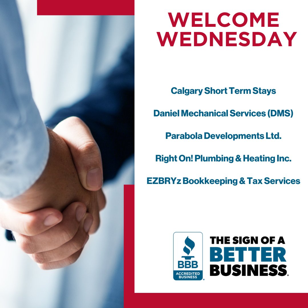 🎉 WELCOME WEDNESDAY! 🎉

Join us in celebrating our newest accredited businesses! These organizations are dedicated to trust, integrity, and creating a more reliable marketplace for all.

#startwithtrust #BBBAlberta #BBBCanada #BBB #TheSignOfABetterBusiness