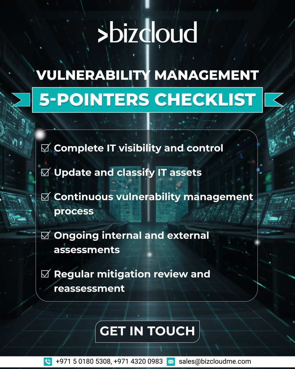 bizclouditllc's tweet image. 🔐 Stay ahead of cyber threats with Bizcloud’s 5-Point Vulnerability Management Checklist:
✅ IT visibility
✅ Asset updates
✅ Continuous monitoring
✅ Internal/external checks
✅ Regular mitigation
Secure. Compliant. Resilient.
#CyberSecurity #Bizcloud #ITSecurity