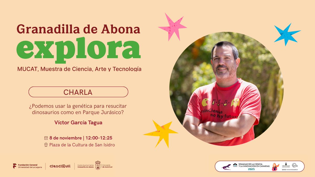 🟠¿Se puede usar la genética para resucitar dinosaurios como en la película Parque Jurásico?

El investigador Víctor García Tagua nos lo contará en su charla científica de MUCAT

📅 8 de noviembre
🕛12:00 - 12:25
📍Plaza de la Cultura de San Isidro

#SCIC25