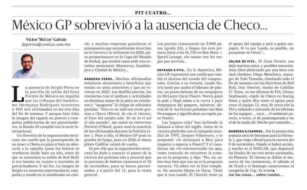 Miércoles de mi columna #PitCuatro en <a href="/LaCronicaDeHoy/">La Crónica de Hoy</a>. Tocamos lo que dejó el #MexicoGP, lo que me enteré en el paddock y un poco más. #F1. 
Para que queden como expertos...