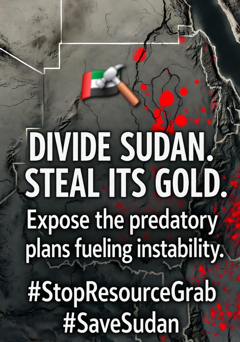 Nezaralmou's tweet photo. تقسيم السودان = سرقة الذهب
لا لنهب الموارد. نعم لسيادة الشعب.
DIVIDE SUDAN. STEAL ITS GOLD.
Expose the predatory plans fueling instability.
#StopResourceGrab #SaveSudan https://t.co/NP73jzWQ3X