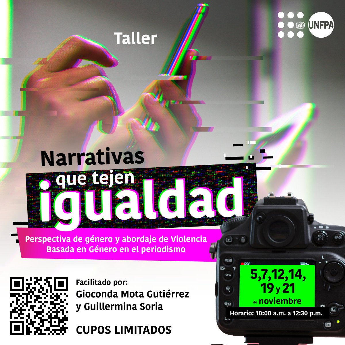 ¿Eres periodista o comunicador/a? 💬
Participa en el taller online “Narrativas que tejen igualdad” para fortalecer tus coberturas con perspectiva de género 💜
📅 5, 7, 12, 14, 19 y 21 de nov.
🕙 10:00 a.m.–12:30 p.m.
📝 Cupos limitados 
Regístrate aquí 👉🏾  unf.pa/4qDCxFy