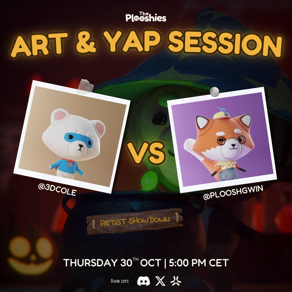 Art &amp; Yap Session: Halloween Edition! 🦊🎃

The fun isnt over just yet! Join the Plooshies for an Artist showdown w/ <a href="/plooshGWIN/">GWIN</a> <a href="/3Dcole/">cole!</a> , <a href="/bbbbammee/">BammBamm</a> &amp; <a href="/HiitsMici/">mici</a>

It's time to test the limits of halloween 🔥

📅 : October 30, 2025
⏰ : 5.00 PM CET
📍 : discord.gg/theplooshies