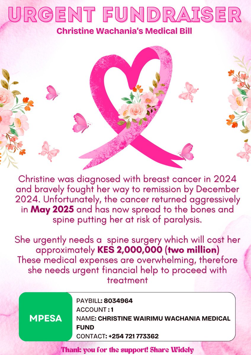 Nyokaffiii's tweet photo. Good day friends. My friend's aunt’s spine surgery is scheduled two weeks from now, and we kindly need your help in ensuring she can access the care that she needs.
*To donate*
MPESA Paybill NO: 8034964
ACCOUNT:1
PAYBILL NAME: CHRISTINE WAIRIMU WACHANIA MEDICAL FUND.
RT please https://t.co/paVguRkSCg