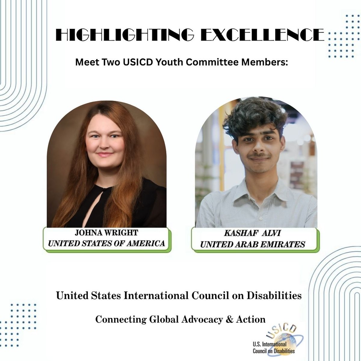 Meet Johna Wright 🇺🇸 and Kashaf Alvi 🇦🇪—two inspiring members of USICD’s Youth Advisory Committee!
They’re connecting global advocacy and action for disability rights.
#YouthLeadership #DisabilityAdvocacy #USICD #GlobalInclusion
<a href="/EOCIL/">EOCIL</a> <a href="/Isabelhodge/">Isabelhodge</a>