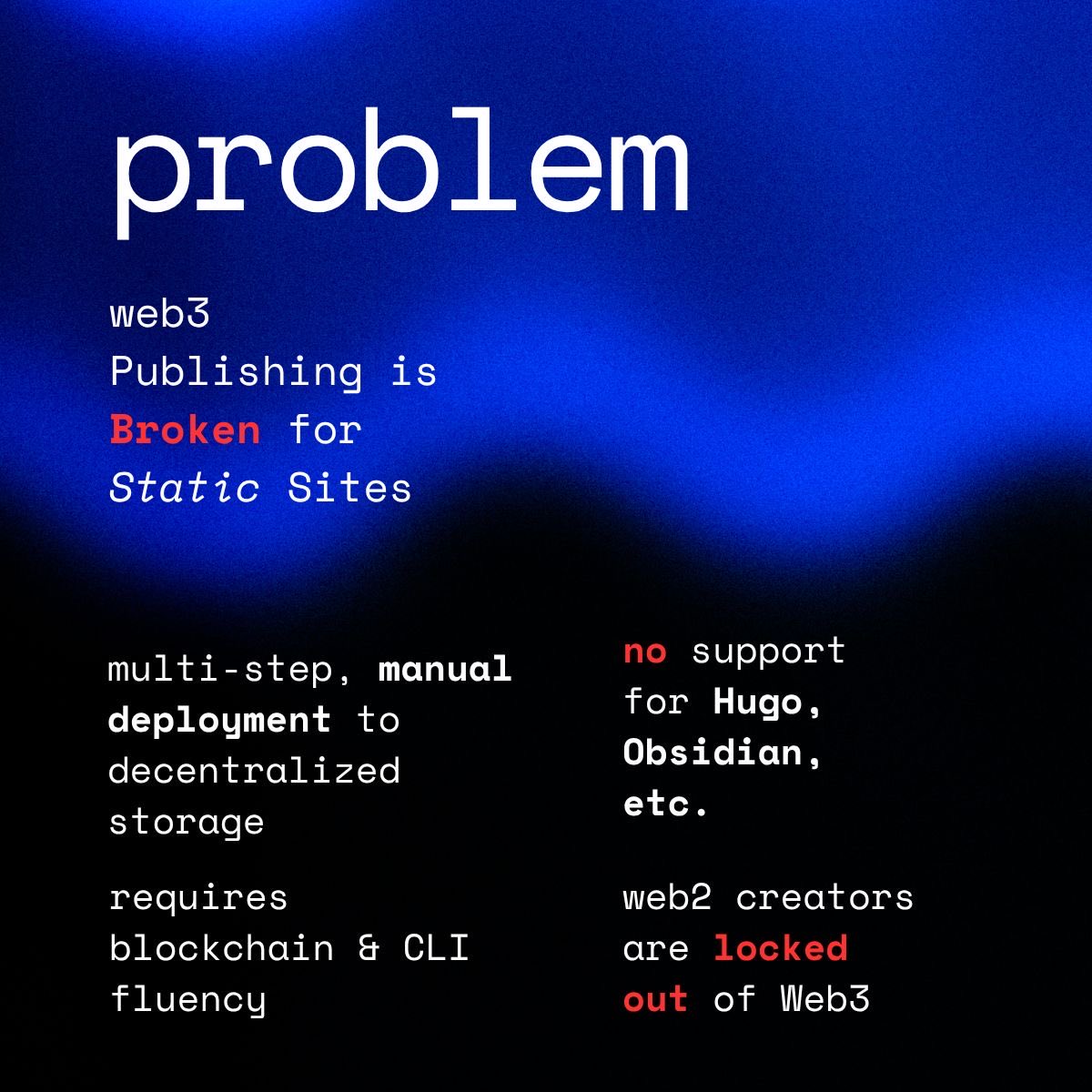 walgo_xyz's tweet image. Web3 publishing for static sites is broken:
• Painful multi-step deployments
• No Hugo or Obsidian support
• Requires blockchain and CLI fluency

As a result, Web2 creators are locked out of Web3. WalGo is here to fix that.