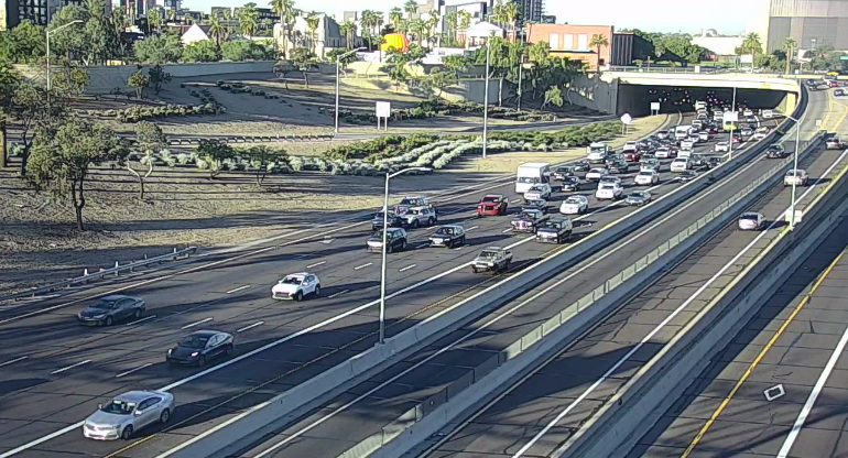 I-10 eastbound at 7th Street: A crash is blocking the right lane.