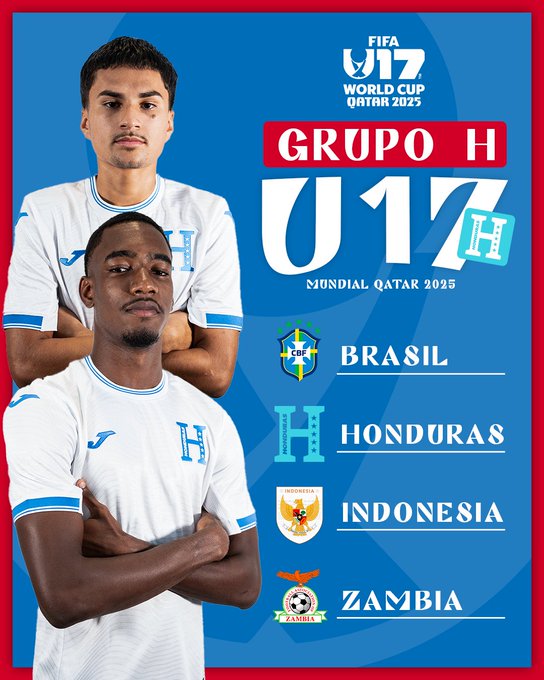 Two young male soccer players in white Joma uniforms with Honduras flag patches stand side by side on a blue background featuring FIFA U17 World Cup Qatar 2025 logo at top. Red banner text reads Grupo H U17 Mundial Qatar 2025 below them. Bottom section lists Brazil flag and name Indonesia flag and name Honduras flag and name Zambia flag and name in columns.