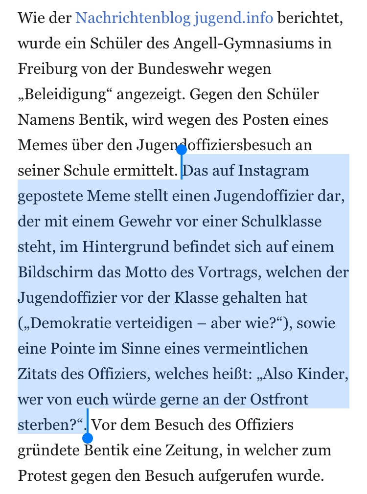 placeless (@b_placeless) on Twitter photo Bundeswehr versteht keinen Spaß mehr und zeigt einen Schüler wegen eines kritischen Memes nach einem Besuch des Jugendoffiziers an der Schule an. Vorab war bereits die Abteilung für „Militärische Sicherheit“ eingeschaltet, für eine Einschätzung möglicher Störaktionen. Bundeswehr versteht keinen Spaß mehr und zeigt einen Schüler wegen eines kritischen Memes nach einem Besuch des Jugendoffiziers an der Schule an. Vorab war bereits die Abteilung für „Militärische Sicherheit“ eingeschaltet, für eine Einschätzung möglicher Störaktionen.