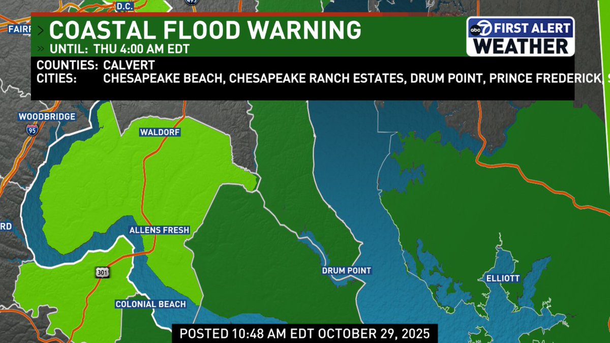 A Coastal Flood Warning has been issued for Calvert until Oct 30 4:00PM.