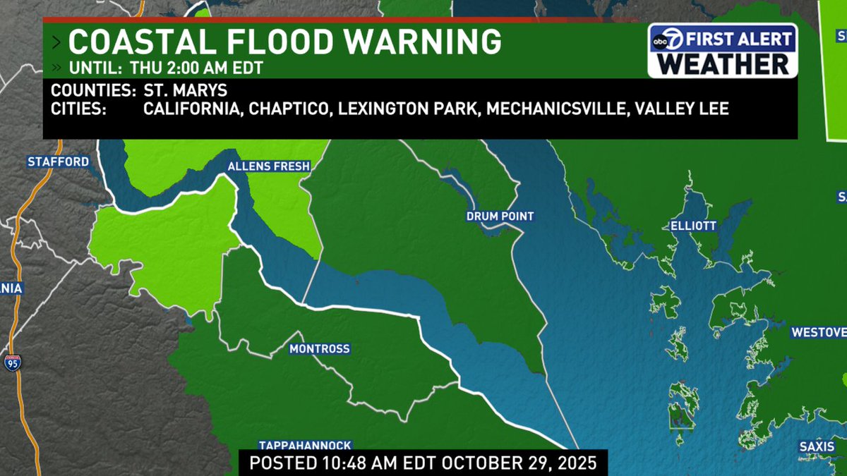 A Coastal Flood Warning has been issued for St. Marys until Oct 30 2:00PM.