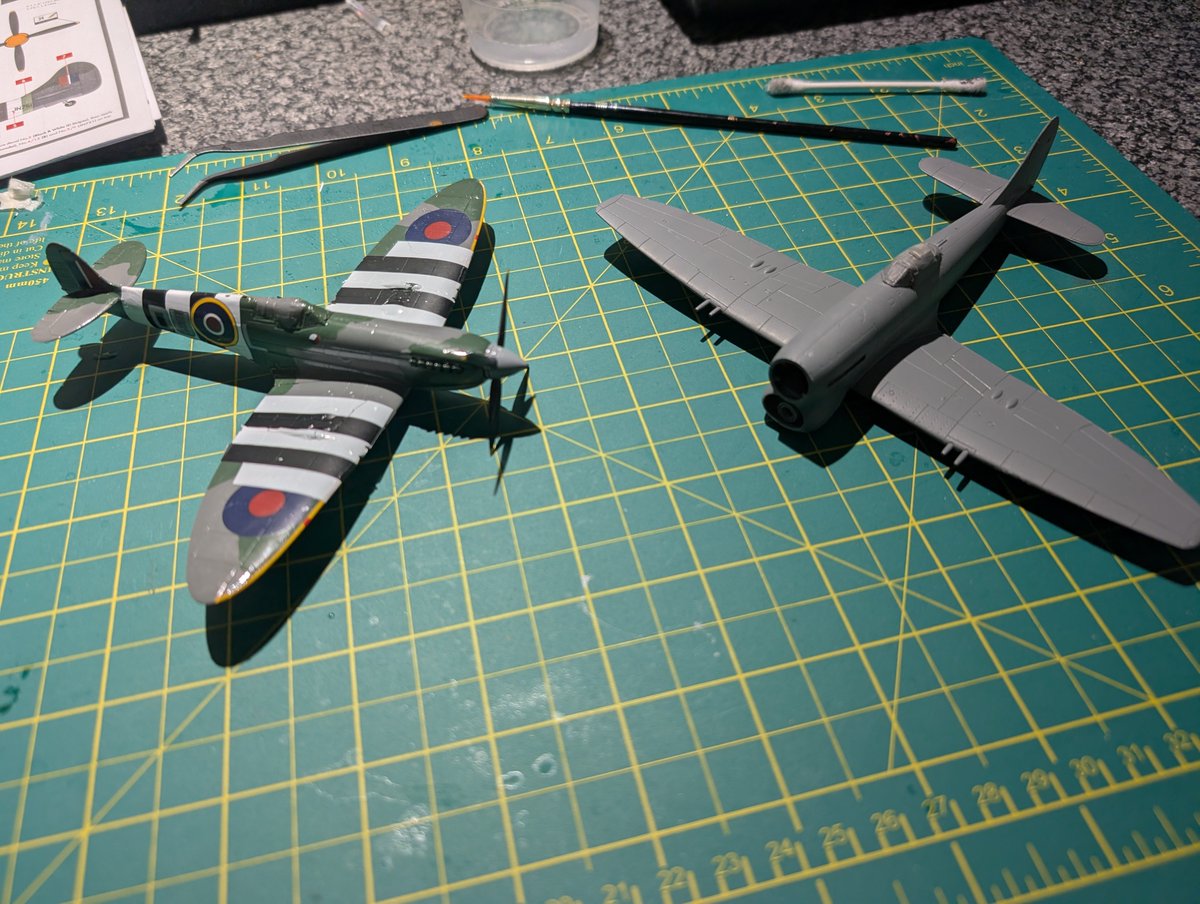 Decals applied to the Spitfire although not finished as I'm now about to apply the micro sol and touch up the splits 🤦‍♂️ Pitot, Aerial and Guns to fit and paint . Tempest has had the base coats applied so camo is next. #BrushPainted #JFFFSimon