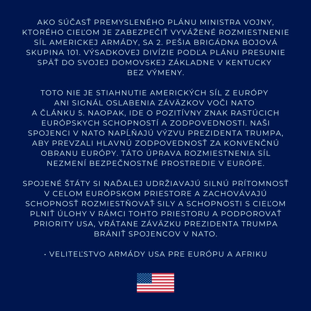 The United States deeply values Slovakia’s contributions to NATO and remains committed to strengthening our shared security and Alliance.   #NATO #StrongerTogether 

As part of the Secretary of War's deliberate process to ensure a balanced U.S. military force posture, the 2nd