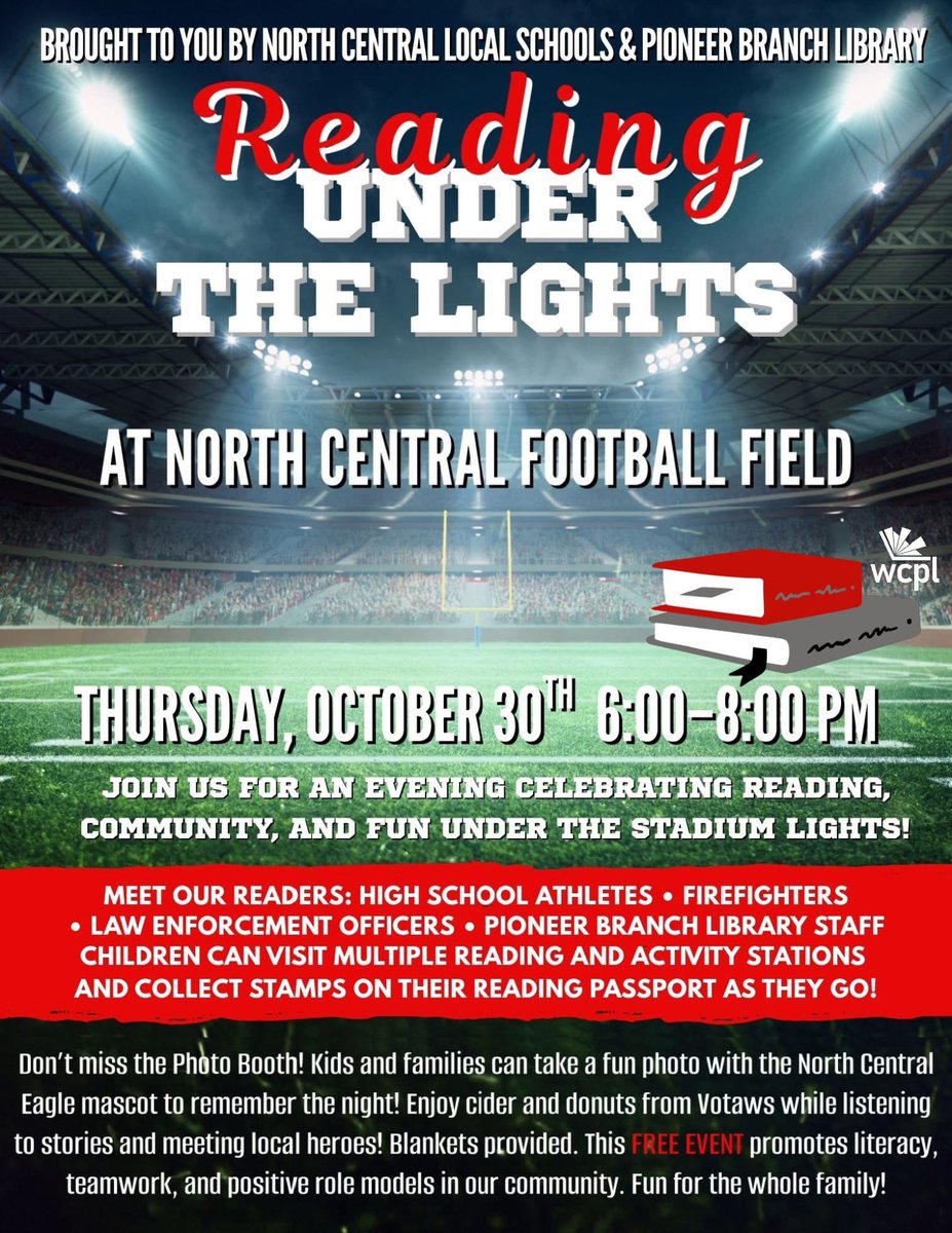 This is a reminder to join us for a magical evening of stories, snacks, and community spirit at Eagle Stadium tomorrow evening, October 30, from 6:00–8:00 p.m. Best of all, it’s FREE and presented by North Central Schools and the Pioneer Branch of the Williams County Library.