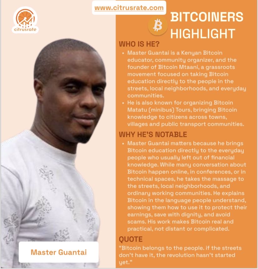 citrusrate's tweet photo. Our Wednesday African Bitcoiner Star ⭐️ this week is @MasterGuantai , founder of @BitcoinMtaani a grassroot movement, taking Bitcoin education to the streets of Kenya🇰🇪. https://t.co/7szEiYpN5t