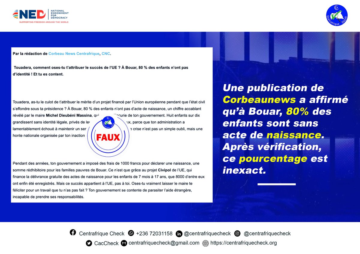 🔷 Le pourcentage mentionné par Corbeaunews concernant les enfants sans acte de naissance à Bouar, attribué au maire de cette ville, est inexact.

➡️ Lire la suite ici ⤵️

centrafriquecheck.org/faux-80-des-en…