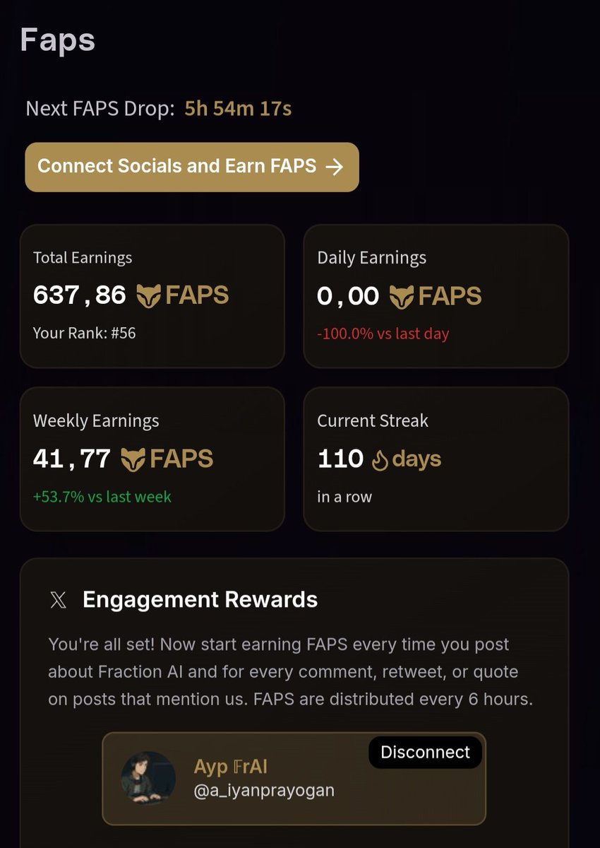 a_iyanprayogan's tweet image. 💎 Hey Fam,

Stack by stack, the grind never stops.
110 days in a row and still going strong — FAPs keeps piling up, and every Agent battle brings in more $FRACTALS. 🚀

At @FractionAI_xyz, consistency = power:
⚡ Quality posts → Earn FAPs
🤖 Play with Agents → Grow &amp;amp; generate…