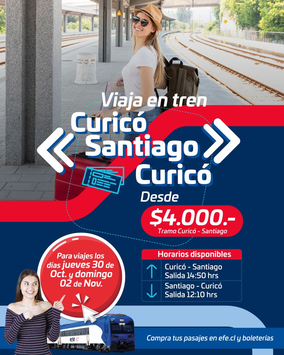 ¡Buenas noticias! 🗞️

Tu finde largo lo pasas con los servicios Curicó 😉 no vas a querer dejar esta oportunidad para después, tenemos precios especiales para las salidas del 30 de Octubre y 2 de Noviembre. 🫣

👉¡Compra ya tus pasajes en efe.cl!👈