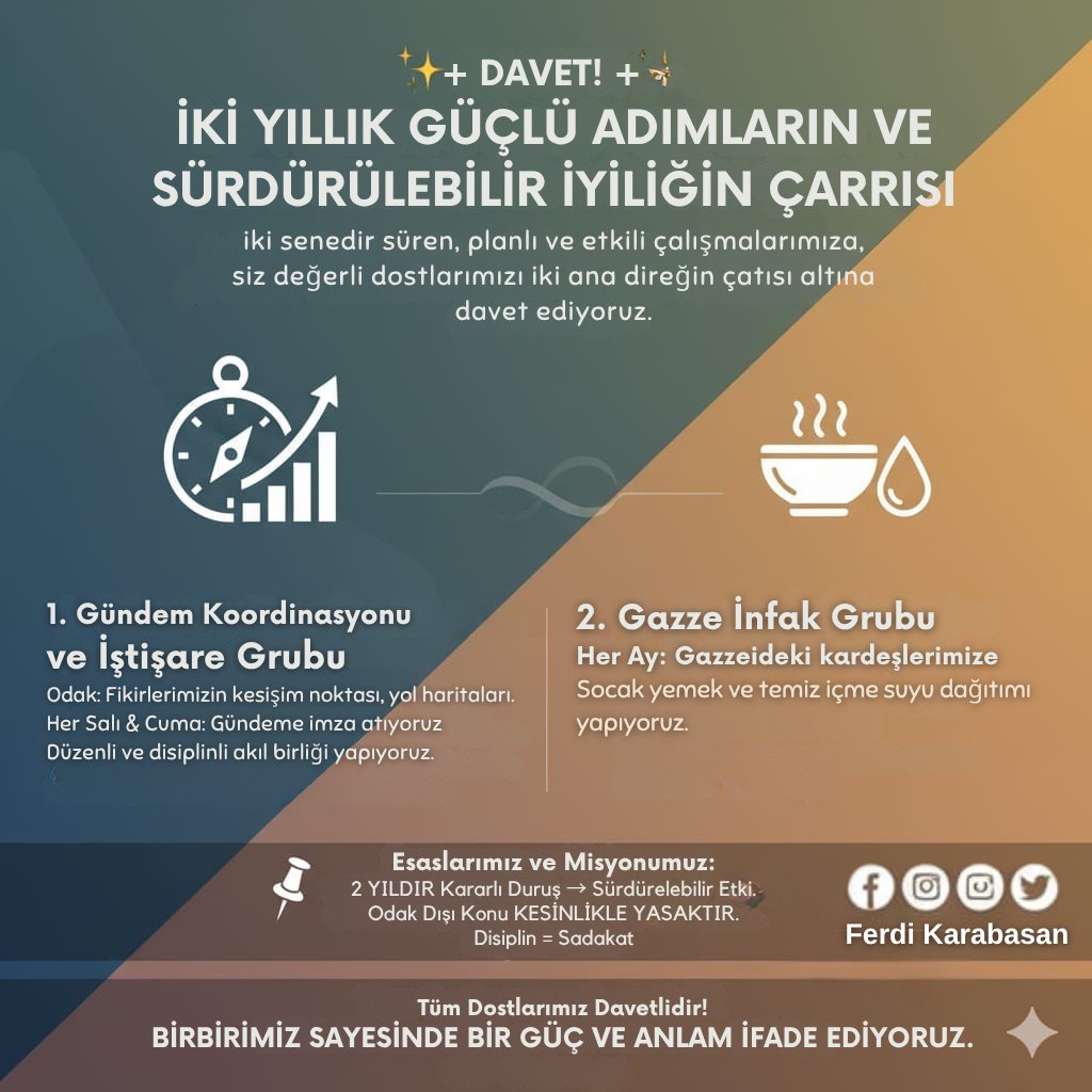 Ferdi_Karabasan's tweet image. ✨ Davet!
 İki Yıllık Güçlü Adımların ve Sürdürülebilir İyiliğin Çağrısı
İki senedir süregelen, planlı ve etkili yolculuğumuzda, siz değerli dostlarımızı iki ana direğin çatısı altına davet ediyoruz.
1. 🧭 Gündem Koordinasyonu ve İstişare Grubu
Odak: Fikirlerimizin kesişim…