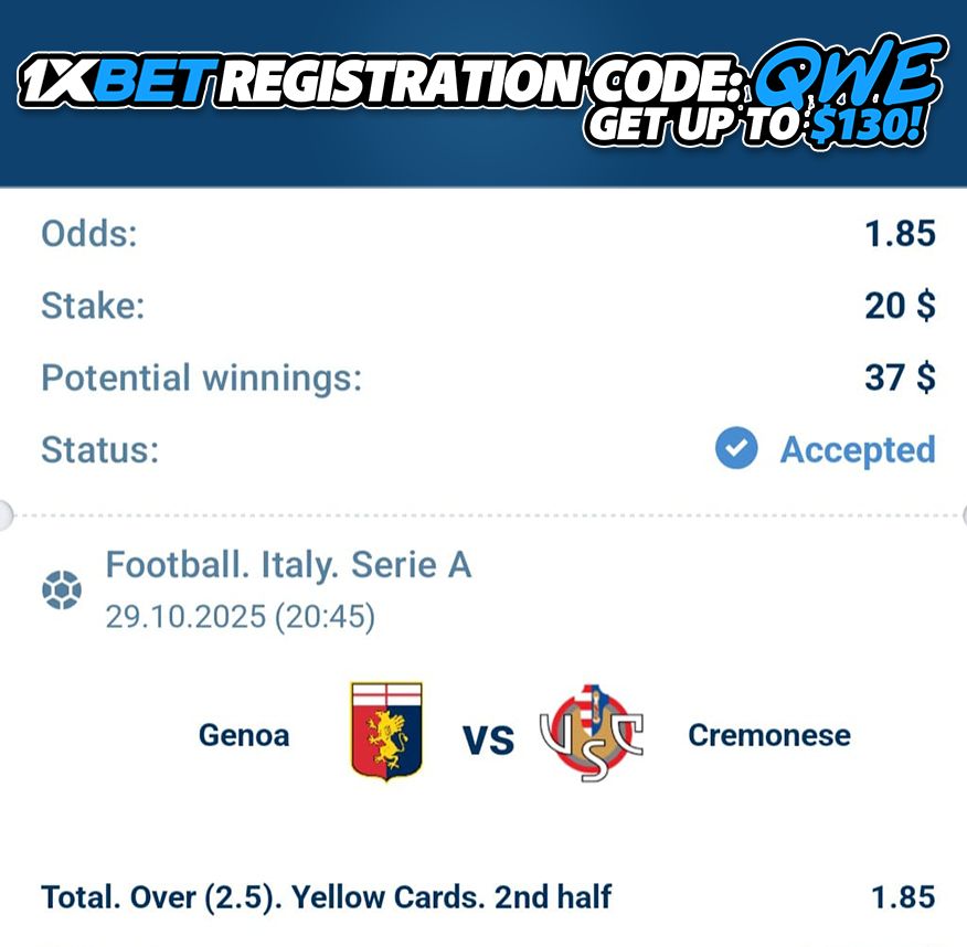 Genoa 🆚 Cremonese

Prediction:
Over 2.5 Yellow Cards in 2nd half 📈

Odds: 1.85❗️

Registration Promo Code (130$ bonus) = "QWE" 🎁

Mobile App: reffpa.com/L?tag=d_467577…

#Betting #Gambling𝕏 #cards #cremonese #SerieA #genoacremonese #Genoa