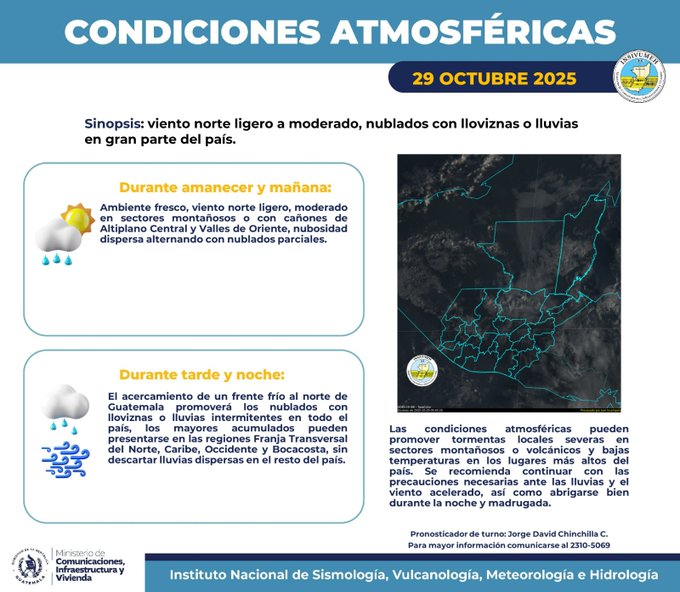 Infographic titled Condiciones Atmosfericas for 29 Octubre 2025 with synopsis of light to moderate winds and clouds with rains or drizzle across much of the country during morning. Upper section shows sunny weather icon with description of warm environments in valleys and plains of the interior and temperate in high zones during afternoon and morning. Lower section depicts rainy weather icon with cool to cold conditions in the interior and northern plains during afternoon and night. Text details atmospheric conditions remaining local per forecasts from the long-term studies direction. Includes contact info for more information and logos of Instituto Nacional de Sismologia Vulcanologia Meteorologia e Hidrologia and Direccion de Pronosticos y Estudios a Largo Plazo.