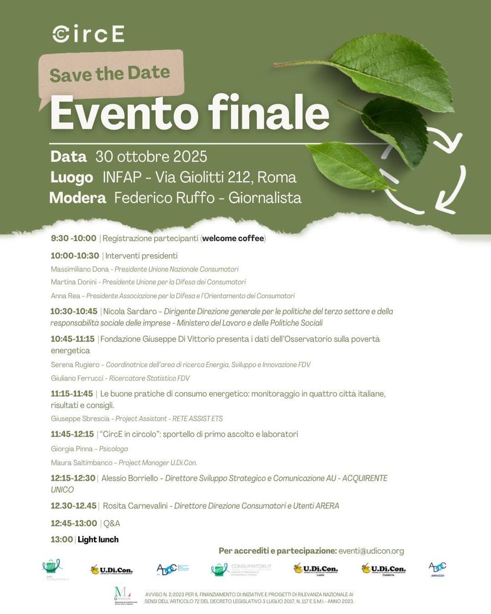 💡 Contro la povertà energetica evento finale del progetto 𝗖𝗶𝗿𝗰𝗘 – 𝗖𝗶𝗿𝗰𝘂𝗹𝗮𝗿 𝗘𝗻𝗲𝗿𝗴𝘆 &amp; 𝗖𝗶𝗿𝗰𝘂𝗹𝗮𝗿 𝗘𝗰𝗼𝗻𝗼𝗺𝘆, promosso da UNC, ADOC e Udicon - Unione per la difesa dei consumatori, con il contributo del Ministero del Lavoro e delle Politiche Sociali.